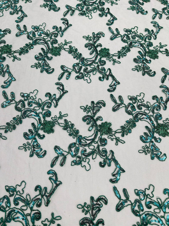 Hunter Green Flower lace corded and embroider with sequins on a mesh- Sold by the yard