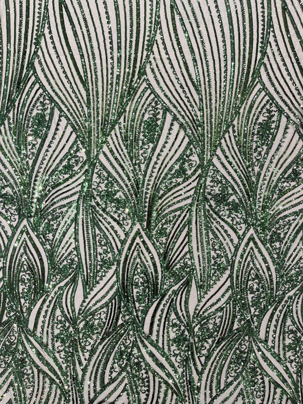 Hunter Green Shiny Geometric Feather wing shiny sequin design on a 4 way stretch mesh Fabric-prom-sold by the yard.