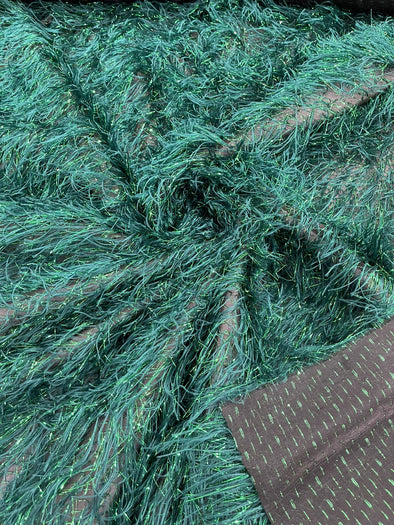 Hunter Green Shaggy Jacquard Faux Ostrich/Eye Lash Feathers Sewing Fringe With Metallic Thread Fabric By The Yard