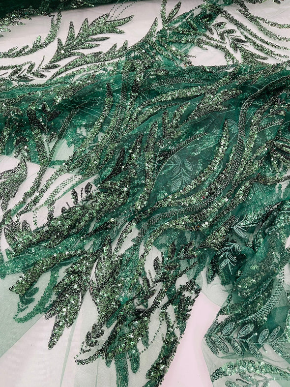Hunter Green Luxury Festival Beaded Vine Lace Fabric, Sold by The Yard.
