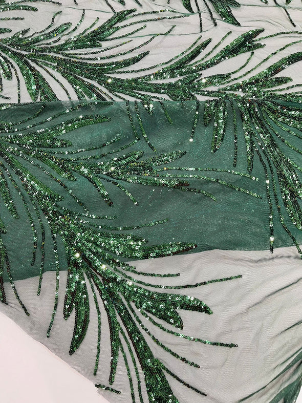 Hunter Green Feather damask shiny sequin design on a 4 way stretch mesh Fabric-prom-Sold by the yard