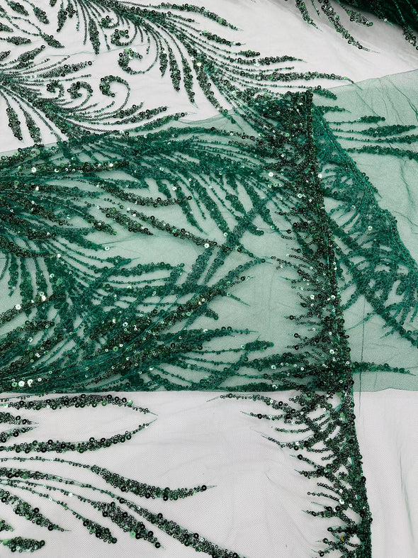 Hunter Green Feathers damask embroider and heavy beaded on a mesh lace fabric- Sold by the yard