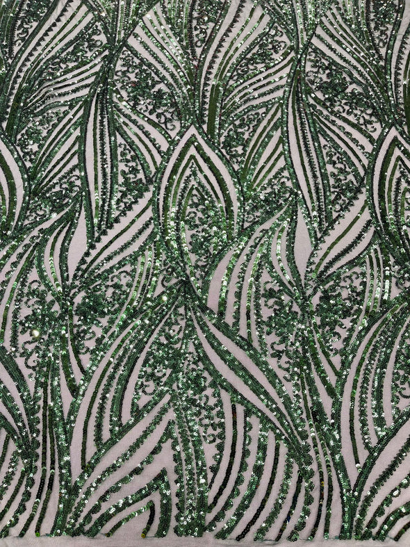 Hunter Green Shiny Geometric Feather wing shiny sequin design on a 4 way stretch mesh Fabric-prom-sold by the yard.