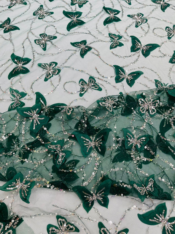 Hunter Green 3D Butterfly Design Embroider and Beaded on a Mesh Lace-Prom-Sold by yard.