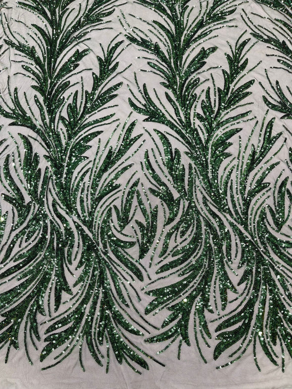 Hunter Green Feather damask shiny sequin design on a 4 way stretch mesh Fabric-prom-Sold by the yard