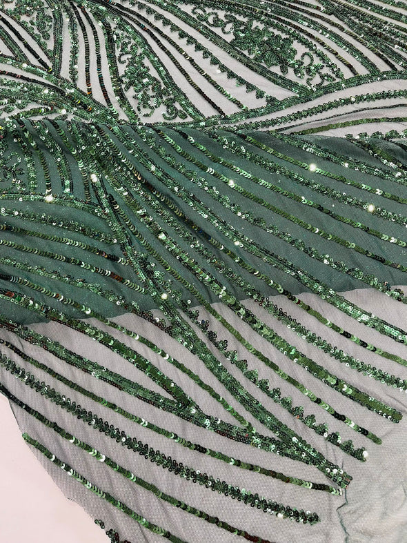 Hunter Green Shiny Geometric Feather wing shiny sequin design on a 4 way stretch mesh Fabric-prom-sold by the yard.