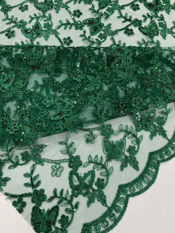 Hunter Green Corded Lace/Small Butterfly Design Embroidered with Sequin on a Mesh Lace Fabric.