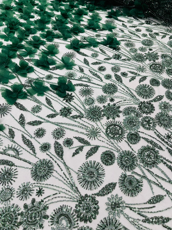 Hunter Green Luxury 3D Floral/Butterfly Beaded Lace, Sold by The Yard.