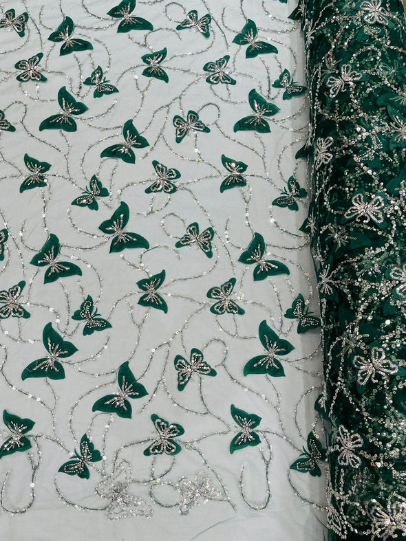 Hunter Green 3D Butterfly Design Embroider and Beaded on a Mesh Lace-Prom-Sold by yard.