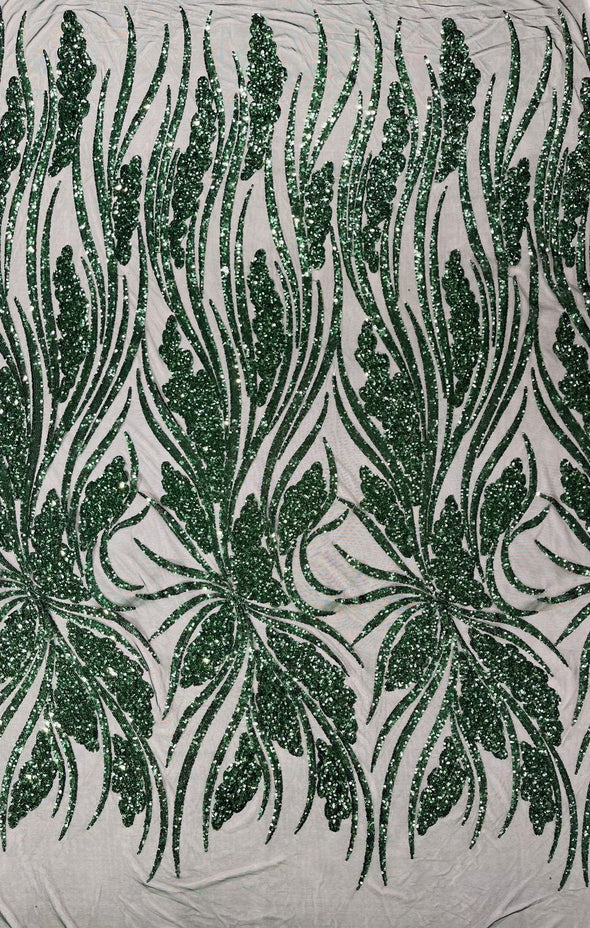 Hunter Green Feather damask shiny sequin design on a 4 way stretch mesh Fabric-prom-Sold by the yard