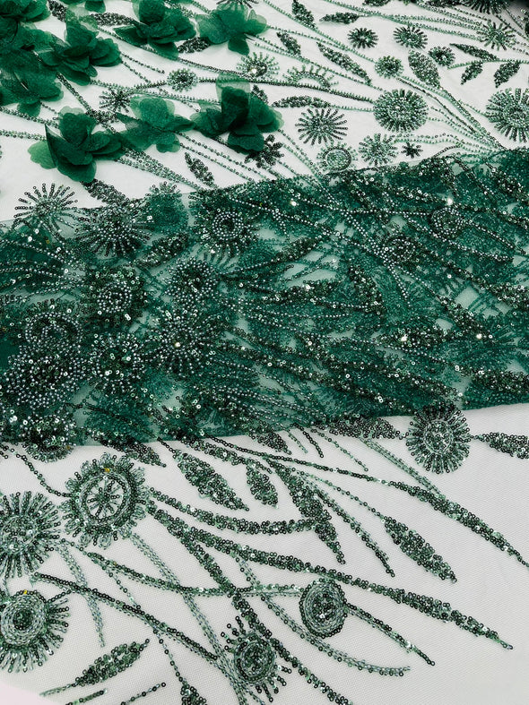 Hunter Green Luxury 3D Floral/Butterfly Beaded Lace, Sold by The Yard.