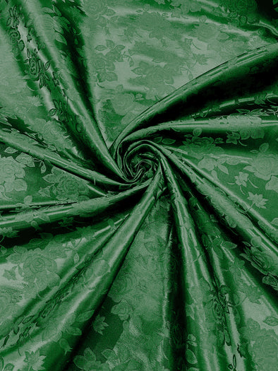 Hunter Green Polyester Big Roses/Floral Brocade Jacquard Satin Fabric/ Cosplay Costumes, Table Linen- Sold By The Yard