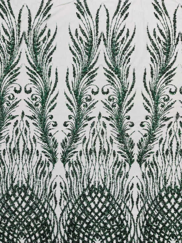 Feathers damask embroider and heavy beaded on a mesh lace fabric- Sold by the yard