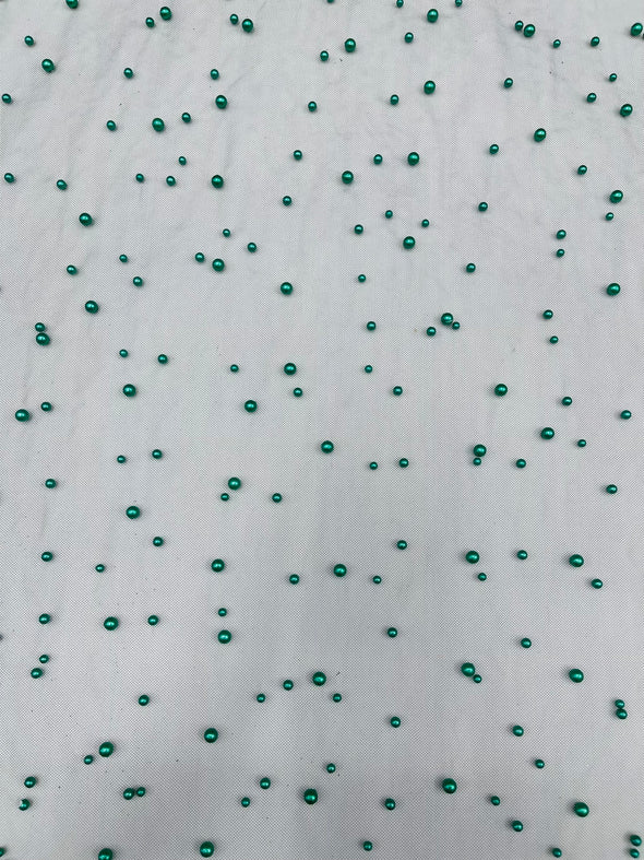 Heavy Scattered Pearls Studded Mesh, 2-Way Stretch, Sold By The Yard.