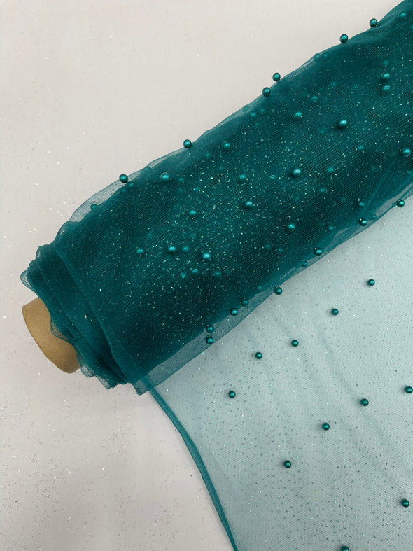 Pearl Glitter Studded Mesh, 2-Way Stretch Shimmer Mesh Fabric, Sold by the yard.