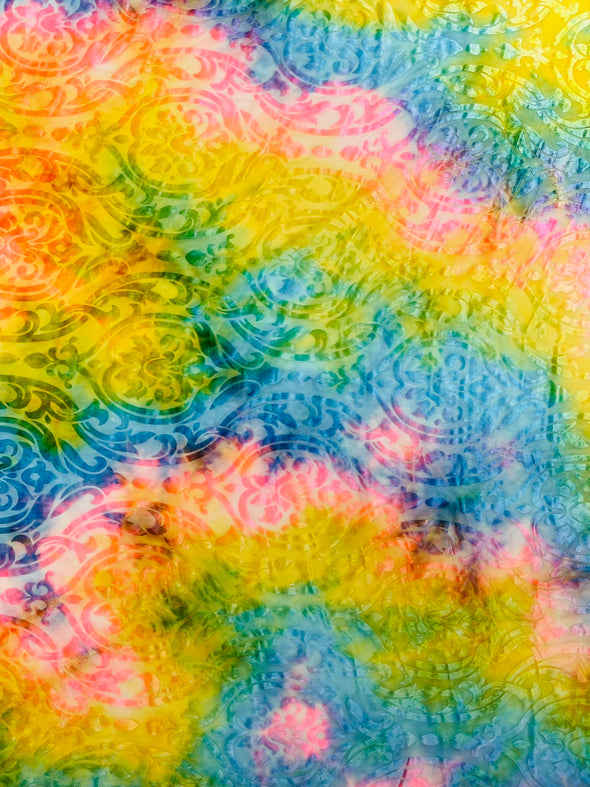 Multicolor 58" Wide Tie Dye Damask Print Burnout Stretch Velvet Fabric by The Yard