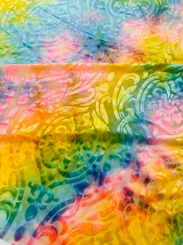 Multicolor 58" Wide Tie Dye Damask Print Burnout Stretch Velvet Fabric by The Yard