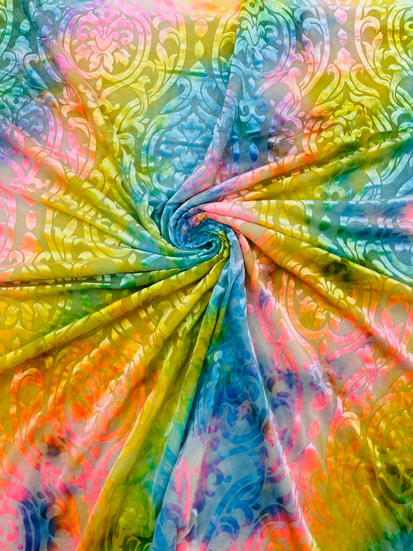 Multicolor 58" Wide Tie Dye Damask Print Burnout Stretch Velvet Fabric by The Yard