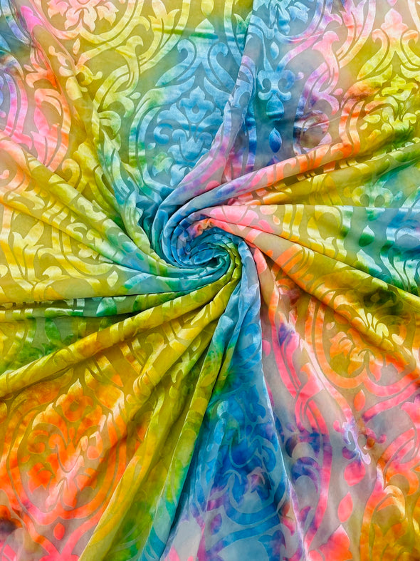 Multicolor 58" Wide Tie Dye Damask Print Burnout Stretch Velvet Fabric by The Yard