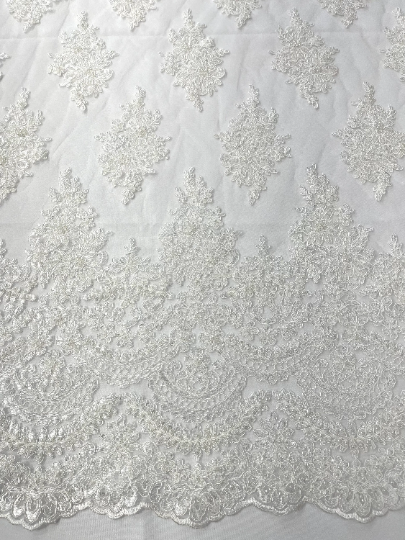 Ivory Erin Diamond Beaded Metallic Floral Embroider On a Mesh Lace Fabric-Sold By The Yard