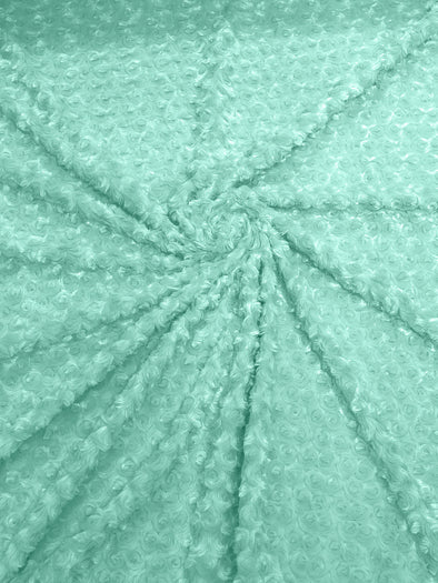 Icy Mint 58" Wide Minky Swirl Rose Blossom Ball Rosebud Plush Fur Fabric Polyester-Sold by Yard.