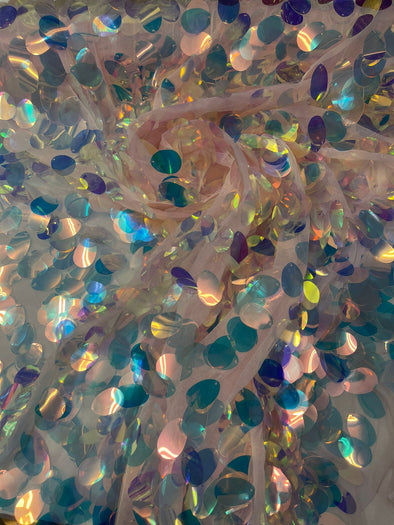 Clear Iridescent Jumbo Sequins Oval Sequin Paillette/Tear Drop Mermaid Big Sequins Fabric On Pink Mesh/ 54 Inches Wide
