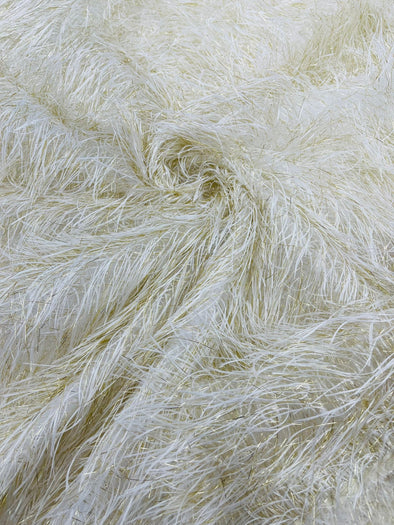 Ivory-Gold Shaggy Jacquard Faux Ostrich/Eye Lash Feathers Sewing Fringe With Metallic Thread Fabric By The Yard