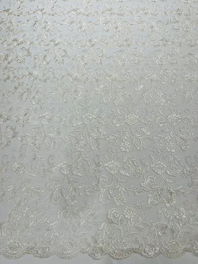 Ivory Corded floral French Embroider With Sequins On a Mesh Lace Fabric-Prom-Sold By The Yard