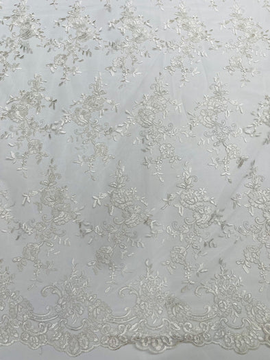 Ivory Bloom corded lace and embroider with sequins on a mesh -Sold by the yard