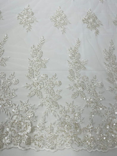 Ivory Floral design embroider and beaded on a mesh lace fabric-Wedding/Bridal/Prom/Nightgown fabric.