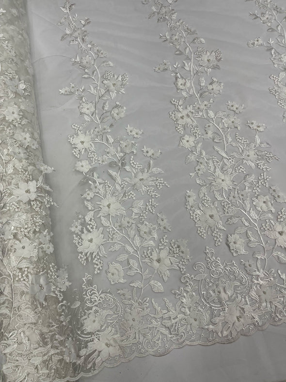 Ivory princess 3d floral design embroider with pearls on a mesh lace-dresses-fashion-prom-nightgown-apparel-decorations-sold by the yard.