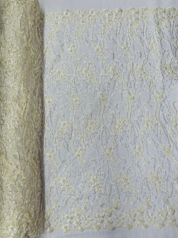 Ivory Vine Floral Beaded Lace Sequin Embroider lace Sold By The Yard.
