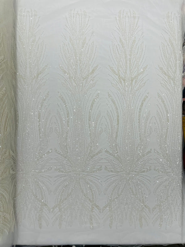 Palm Beaded Damask Design Fabric, Sold by The Yard.