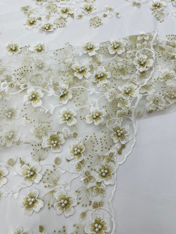 Multi Color 3D Floral Design Embroider with Pearls in a Mesh Lace -Sold by the yard.