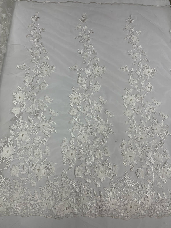 Ivory princess 3d floral design embroider with pearls on a mesh lace-dresses-fashion-prom-nightgown-apparel-decorations-sold by the yard.