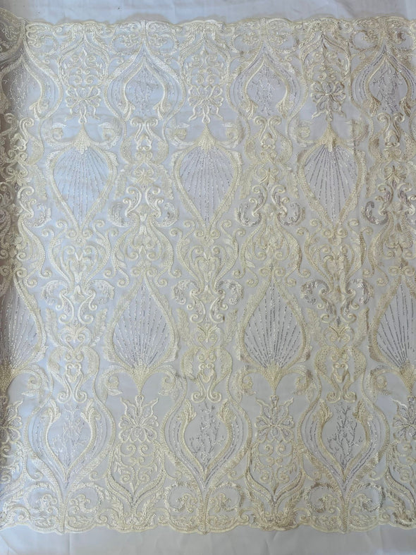 Floral Damask Embroider and Heavy Beaded On a Mesh Lace Fabric- Sold by The Yard