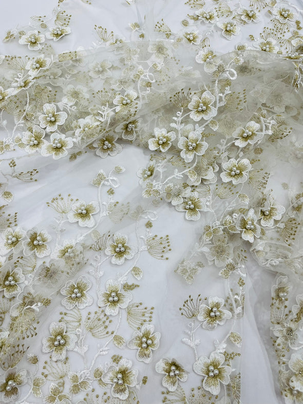 Multi Color 3D Floral Design Embroider with Pearls in a Mesh Lace -Sold by the yard.