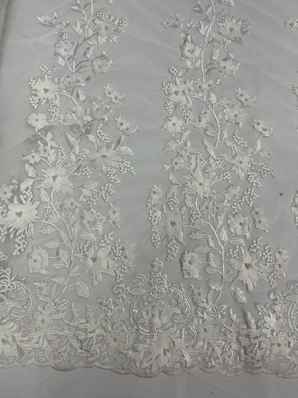 Ivory princess 3d floral design embroider with pearls on a mesh lace-dresses-fashion-prom-nightgown-apparel-decorations-sold by the yard.