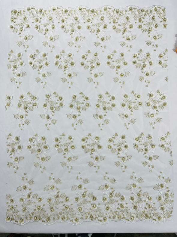 Multi Color 3D Floral Design Embroider with Pearls in a Mesh Lace -Sold by the yard.