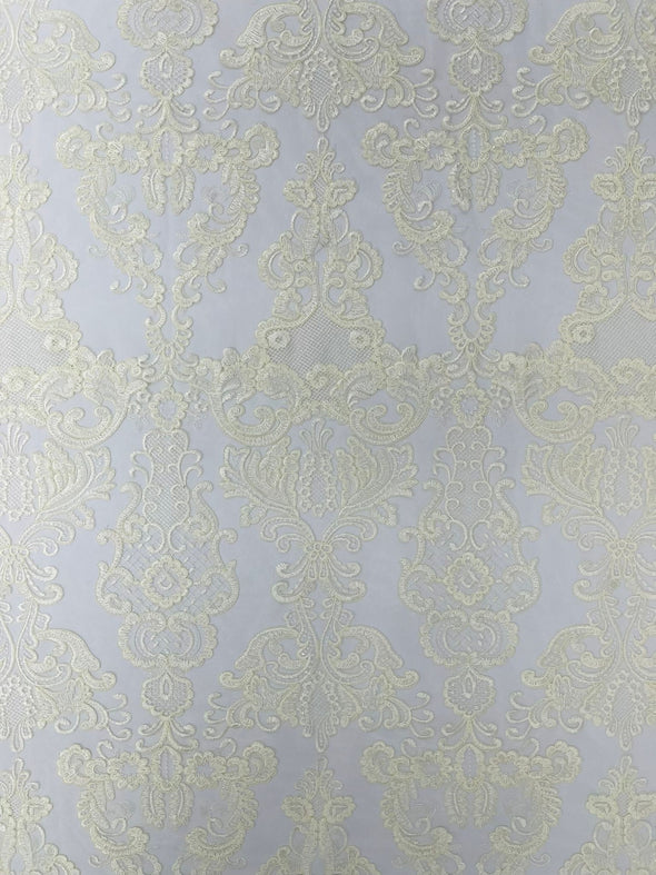 Ivory Embroidery Damask Design With Sequins On A Mesh Lace Fabric/Prom/Wedding