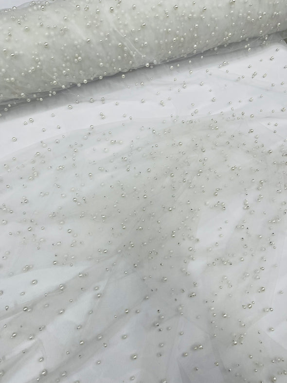 Heavy Scattered Pearls Studded Mesh, 2-Way Stretch, Sold By The Yard.
