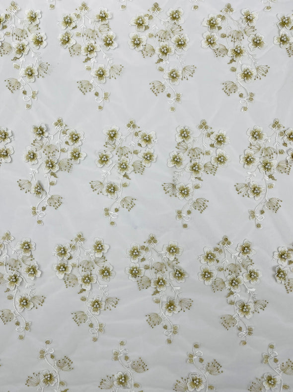 Multi Color 3D Floral Design Embroider with Pearls in a Mesh Lace -Sold by the yard.