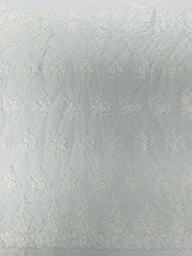 Ivory Corded Lace 3D Floral Embroider, Sold by the yard.