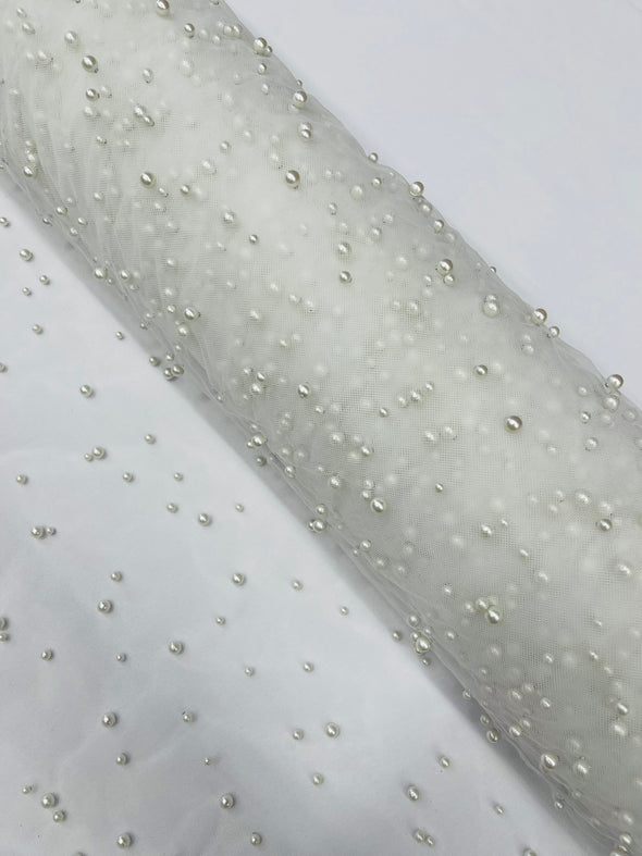 Heavy Scattered Pearls Studded Mesh, 2-Way Stretch, Sold By The Yard.