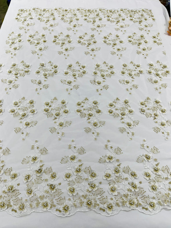 Multi Color 3D Floral Design Embroider with Pearls in a Mesh Lace -Sold by the yard.