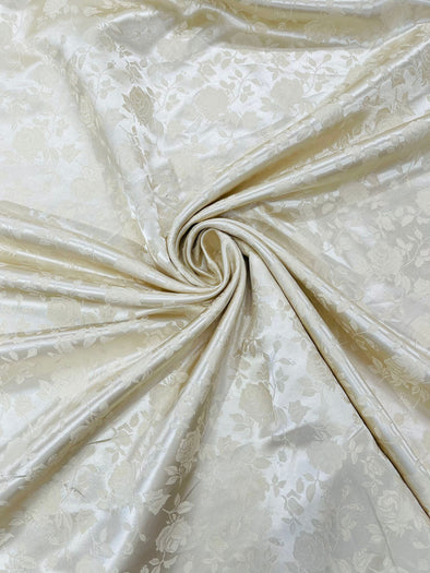 Ivory Polyester Roses/Floral Brocade Jacquard Satin Fabric/ Cosplay Costumes, Table Linen- Sold By The Yard.