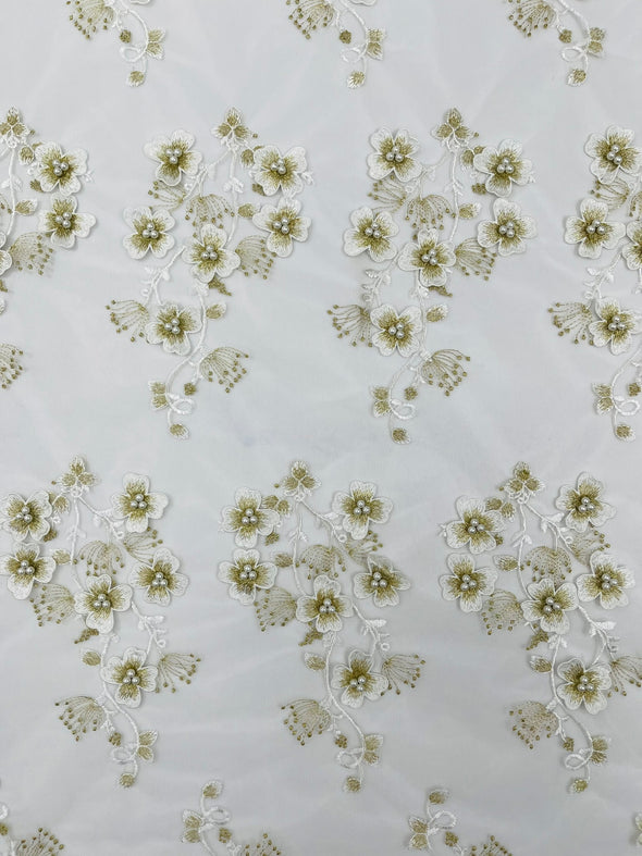 Multi Color 3D Floral Design Embroider with Pearls in a Mesh Lace -Sold by the yard.