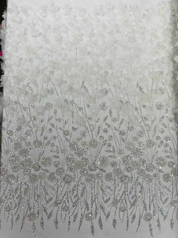Ivory Luxury 3D Floral/Butterfly Beaded Lace, Sold by The Yard.
