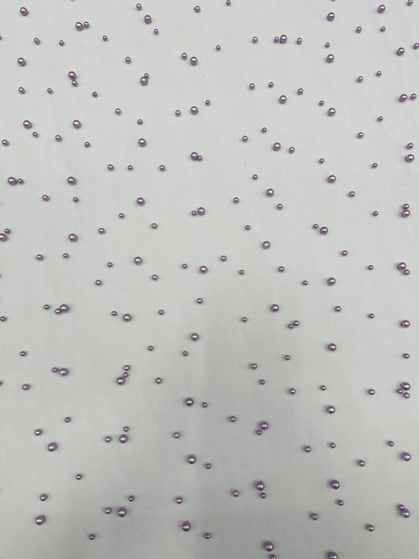 Heavy Scattered Pearls Studded Mesh, 2-Way Stretch, Sold By The Yard.
