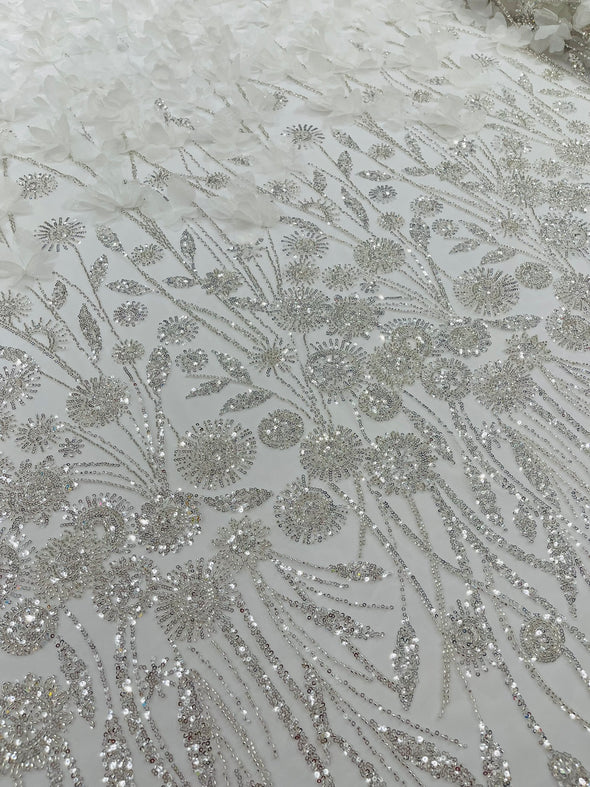 Ivory Luxury 3D Floral/Butterfly Beaded Lace, Sold by The Yard.